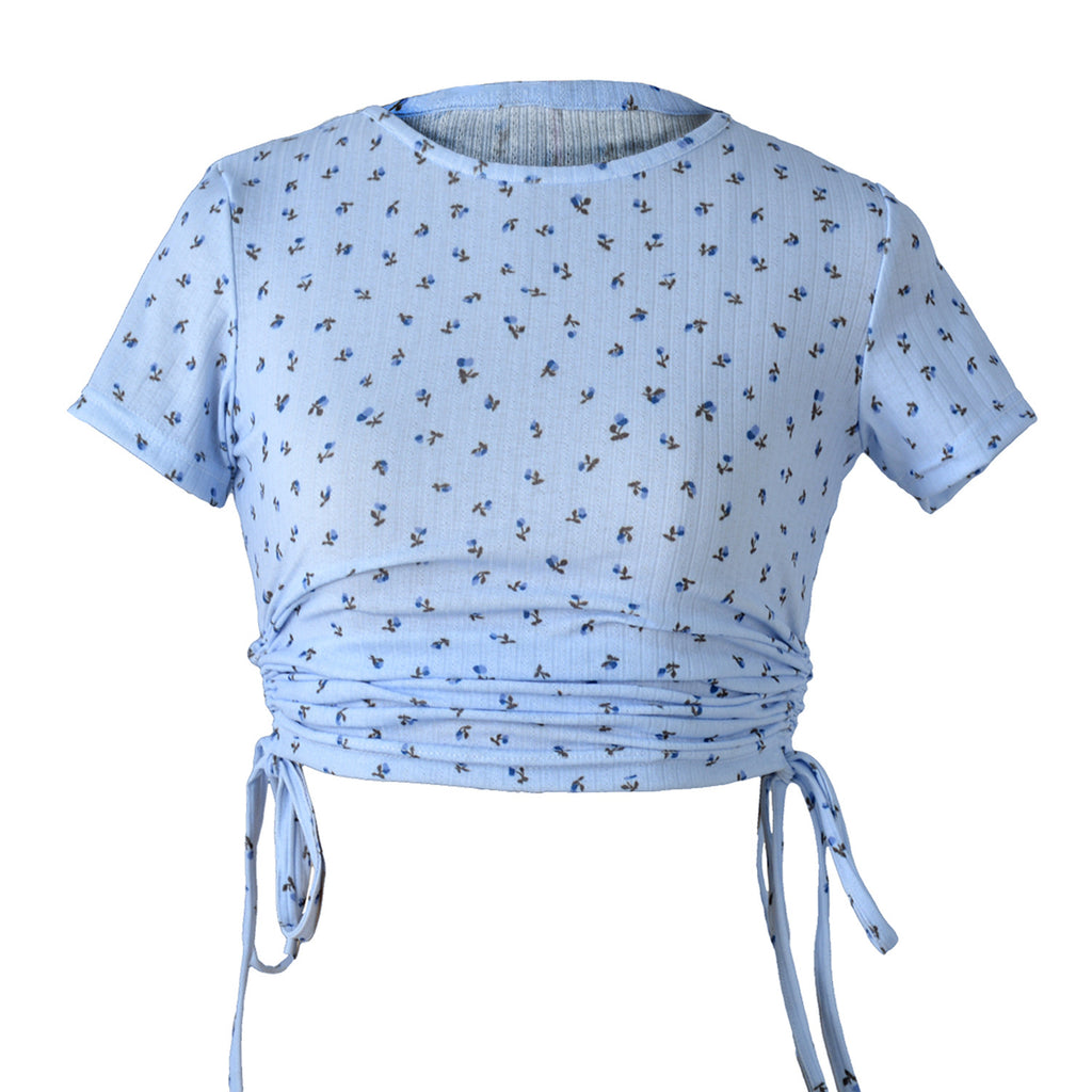 Side Ruched Drawstring Crop Tee - Blue