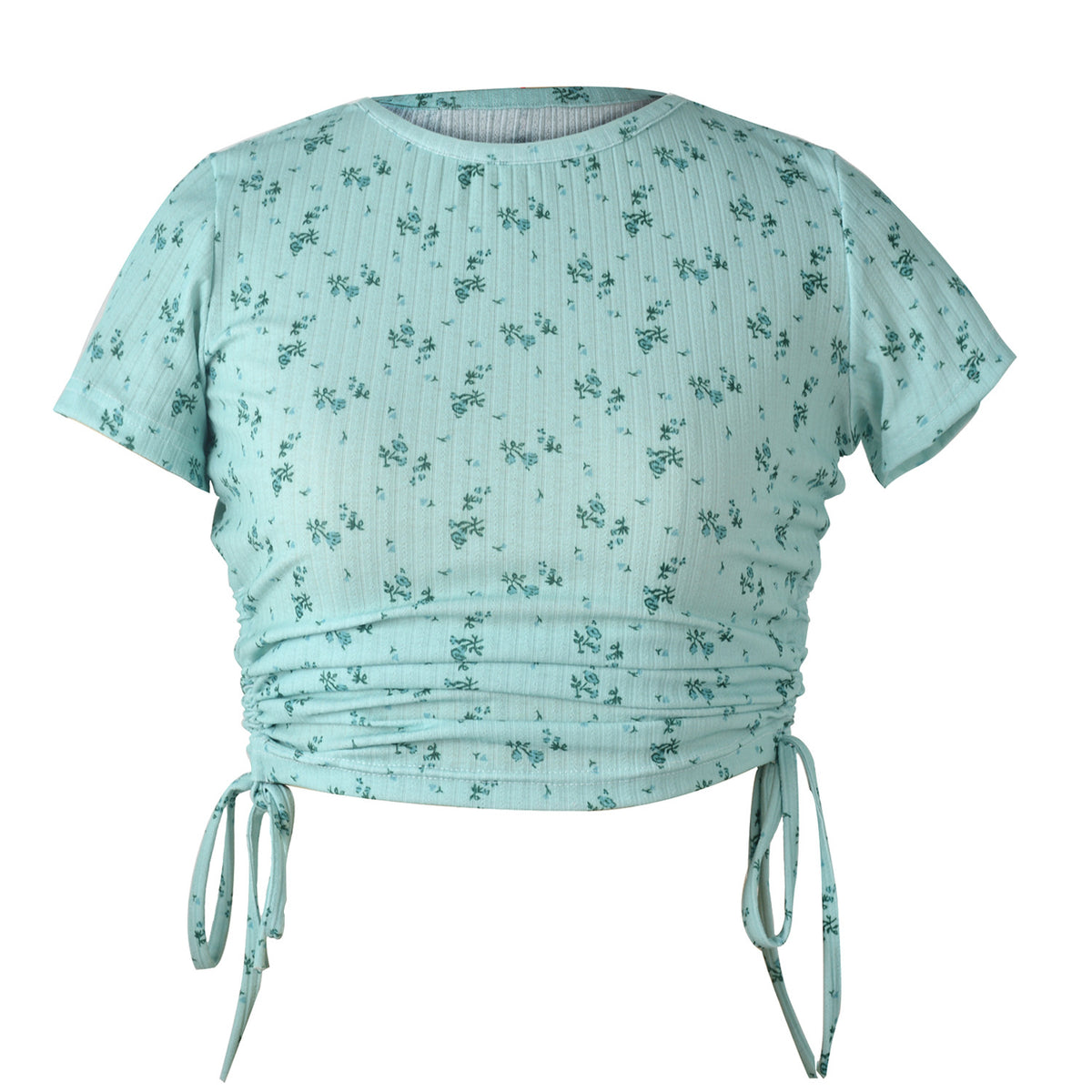 Side Ruched Drawstring Crop Tee - Green