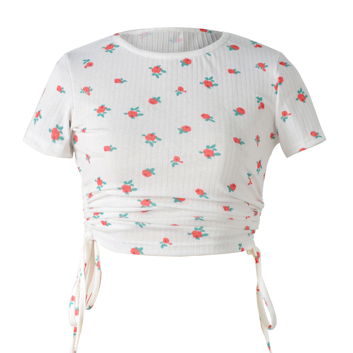Side Ruched Drawstring Crop Tee - Red