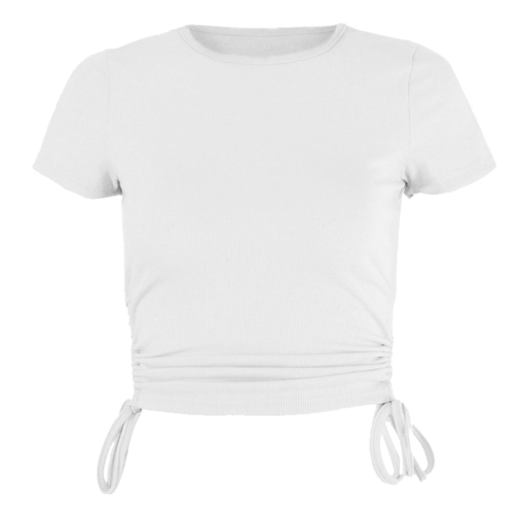 Side Ruched Drawstring Crop Tee - White