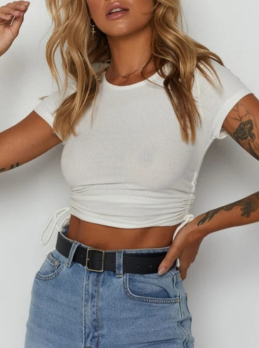 Side Ruched Drawstring Crop Tee - White - 1
