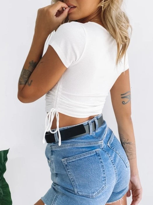 Side Ruched Drawstring Crop Tee - White - 2