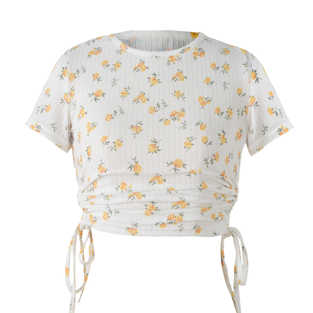 Side Ruched Drawstring Crop Tee - Yellow