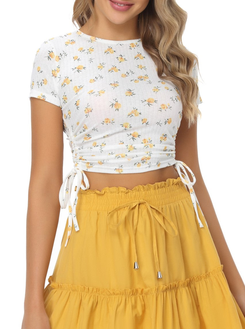 Side Ruched Drawstring Crop Tee - Yellow - 2
