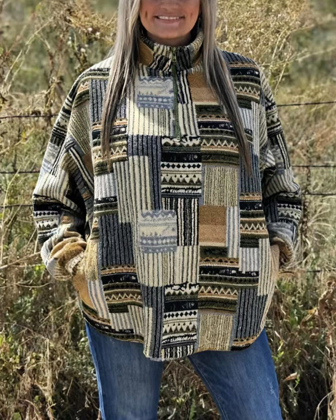 Aztec Patchwork Print Quarter Zip Sweatshirt - Green