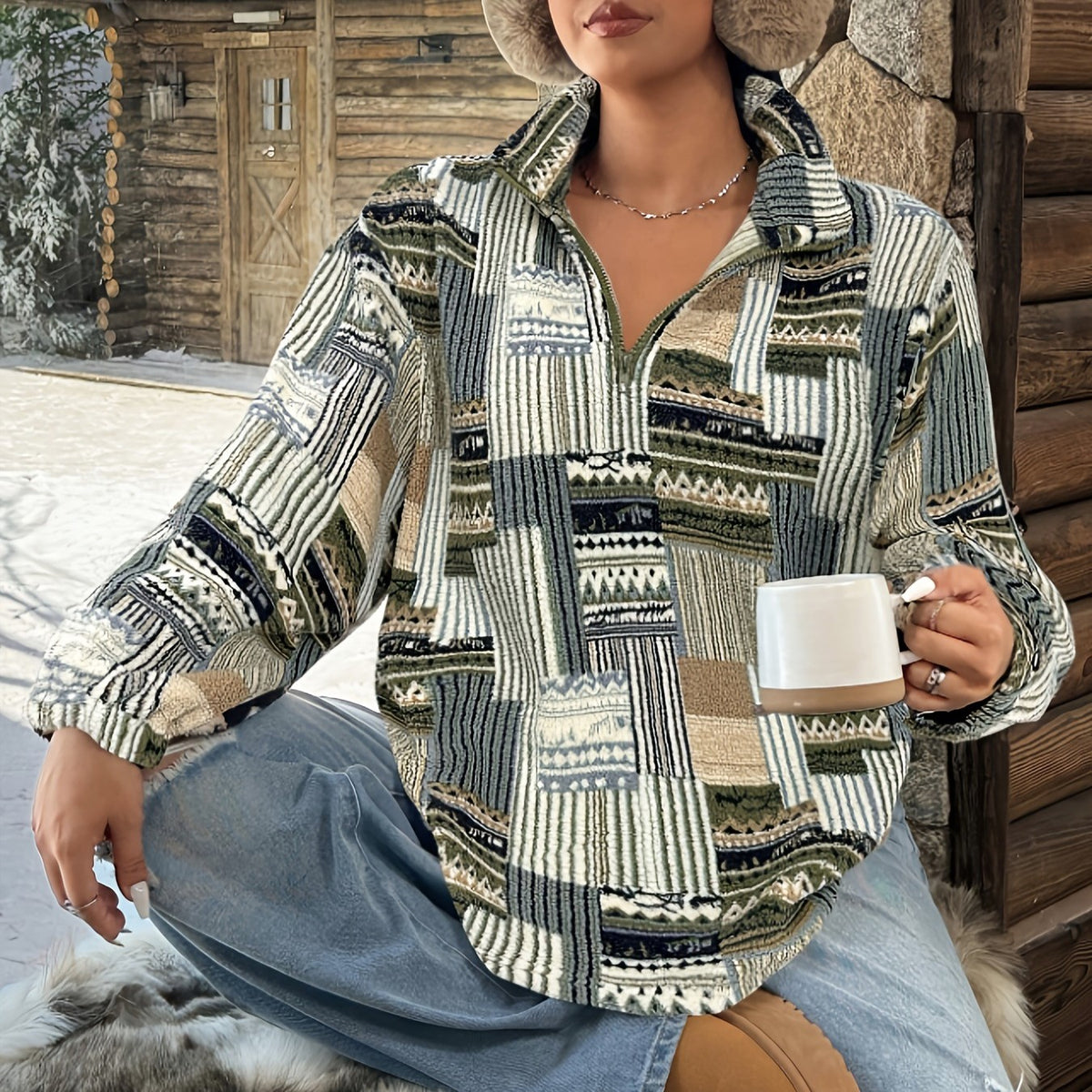 Aztec Patchwork Print Quarter Zip Sweatshirt - Green - 1