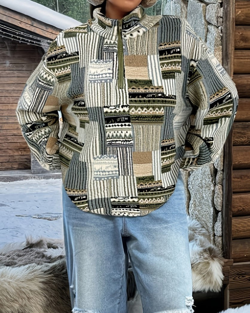Aztec Patchwork Print Quarter Zip Sweatshirt - Green - 3