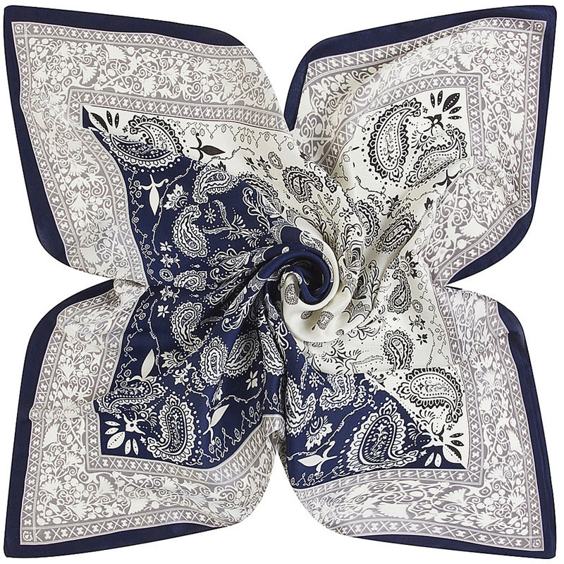 Two Tone Paisley Bandana Silky Square Scarf - Navy
