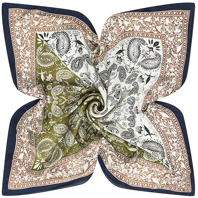 Two Tone Paisley Bandana Silky Square Scarf - Olive