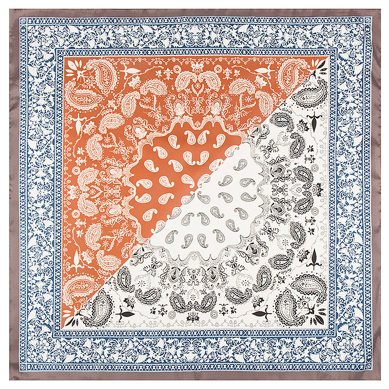 Two Tone Paisley Bandana Silky Square Scarf - Orange