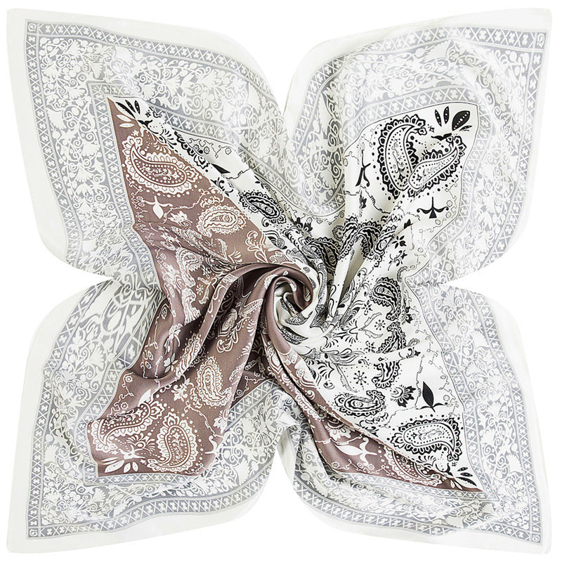 Two Tone Paisley Bandana Silky Square Scarf - Taupe
