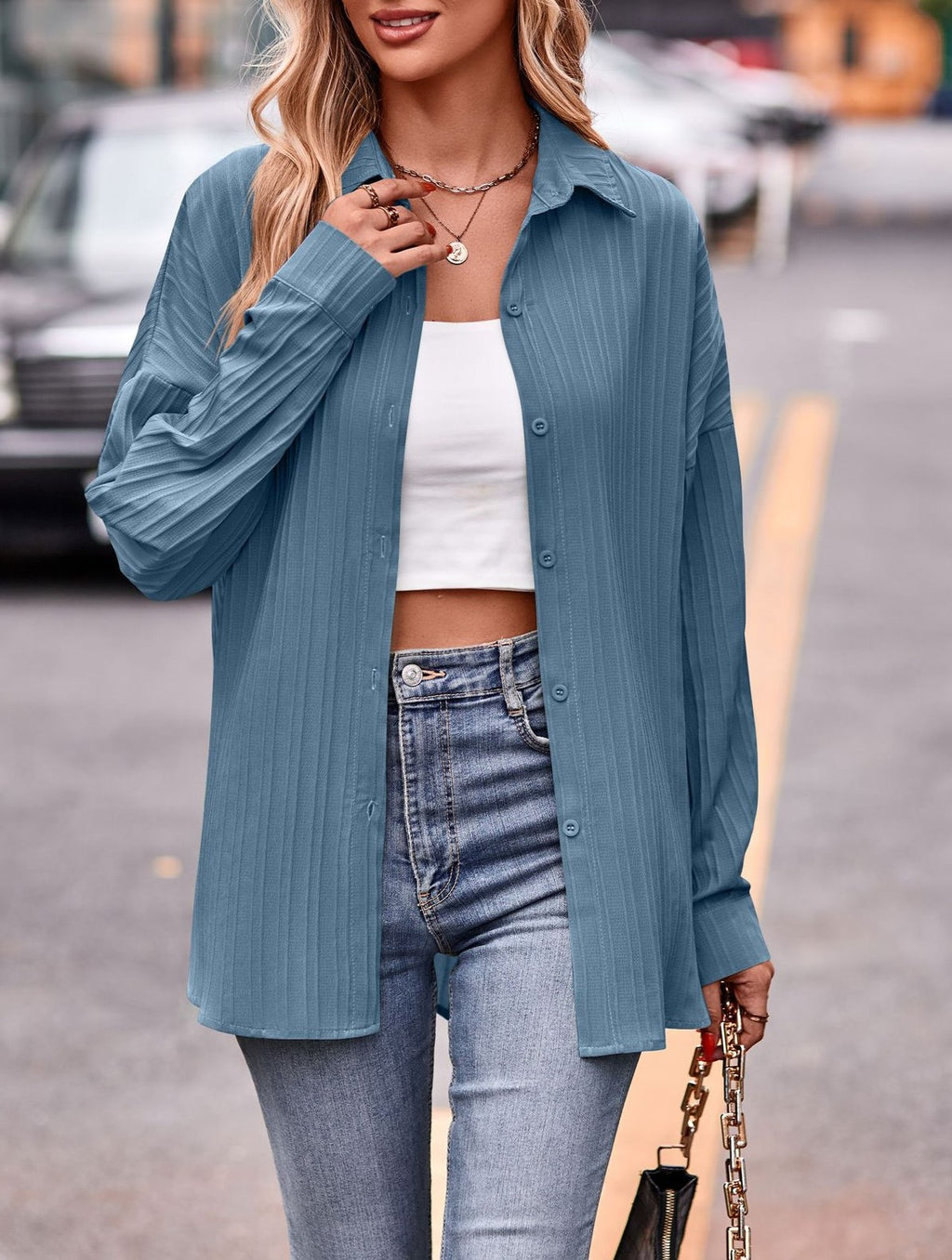 Textured Stripe Oversized Longline Button Shirt - Blue - 1