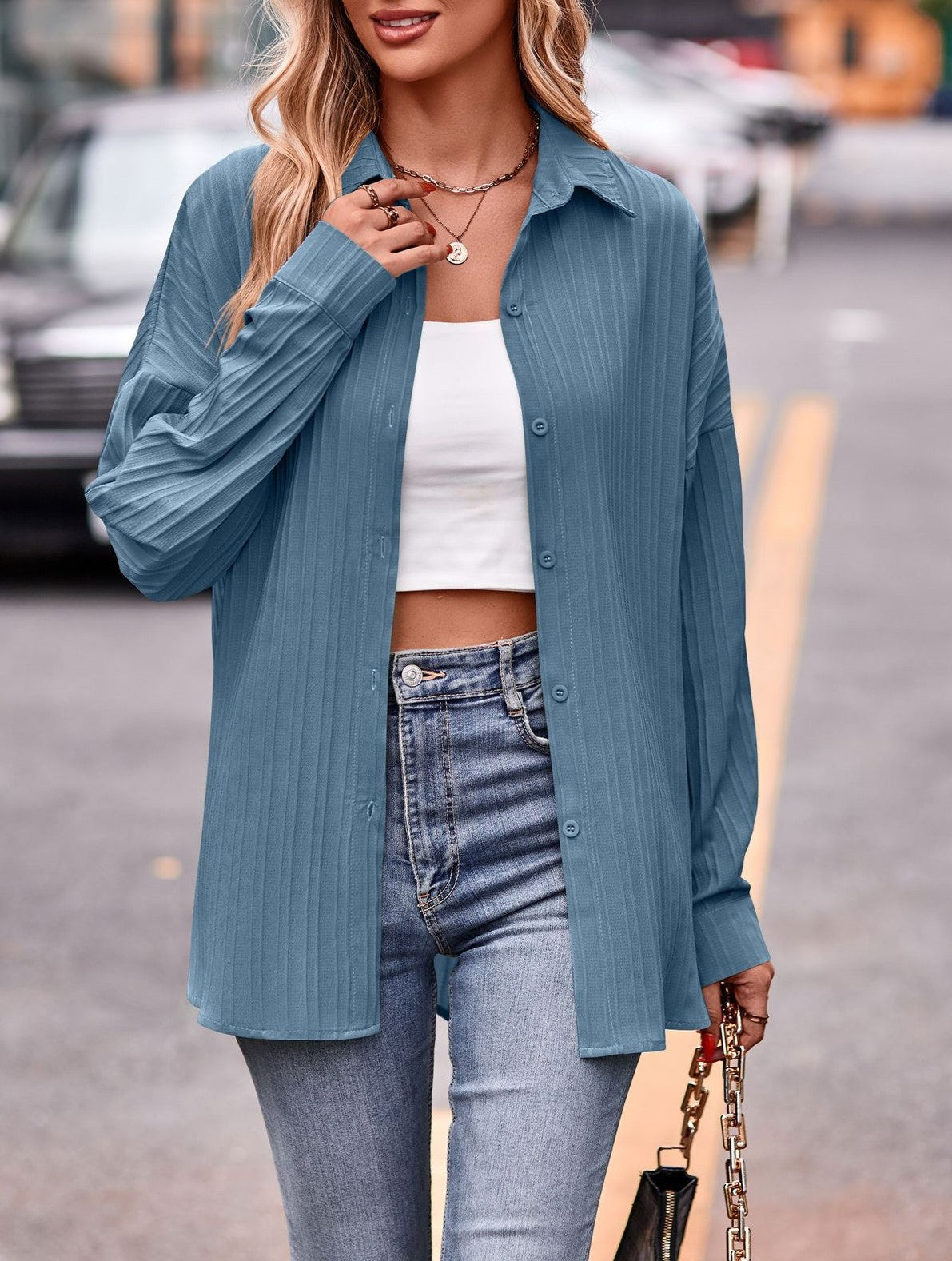 Textured Stripe Oversized Longline Button Shirt - Blue - 1