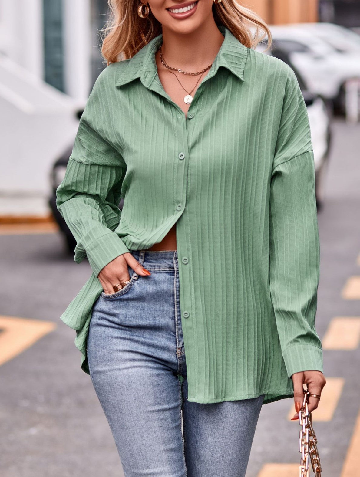 Textured Stripe Oversized Longline Button Shirt - Green