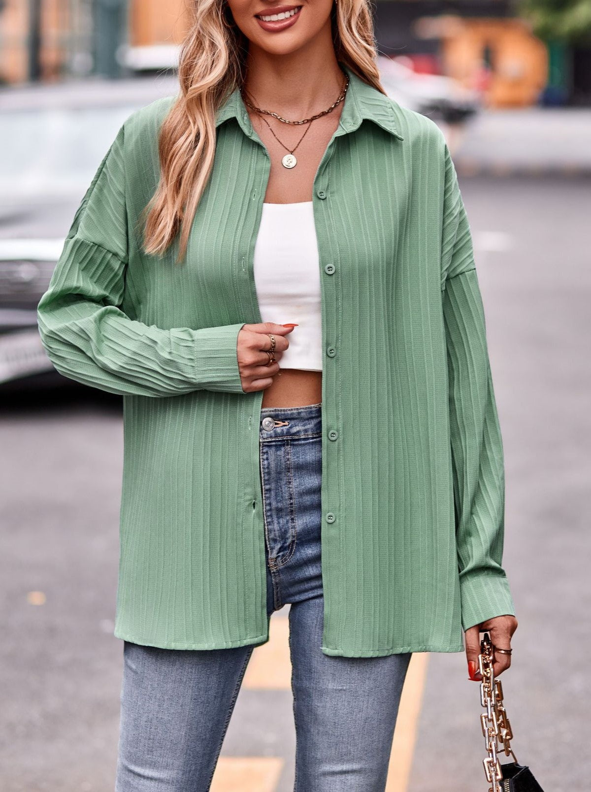 Textured Stripe Oversized Longline Button Shirt - Green - 1
