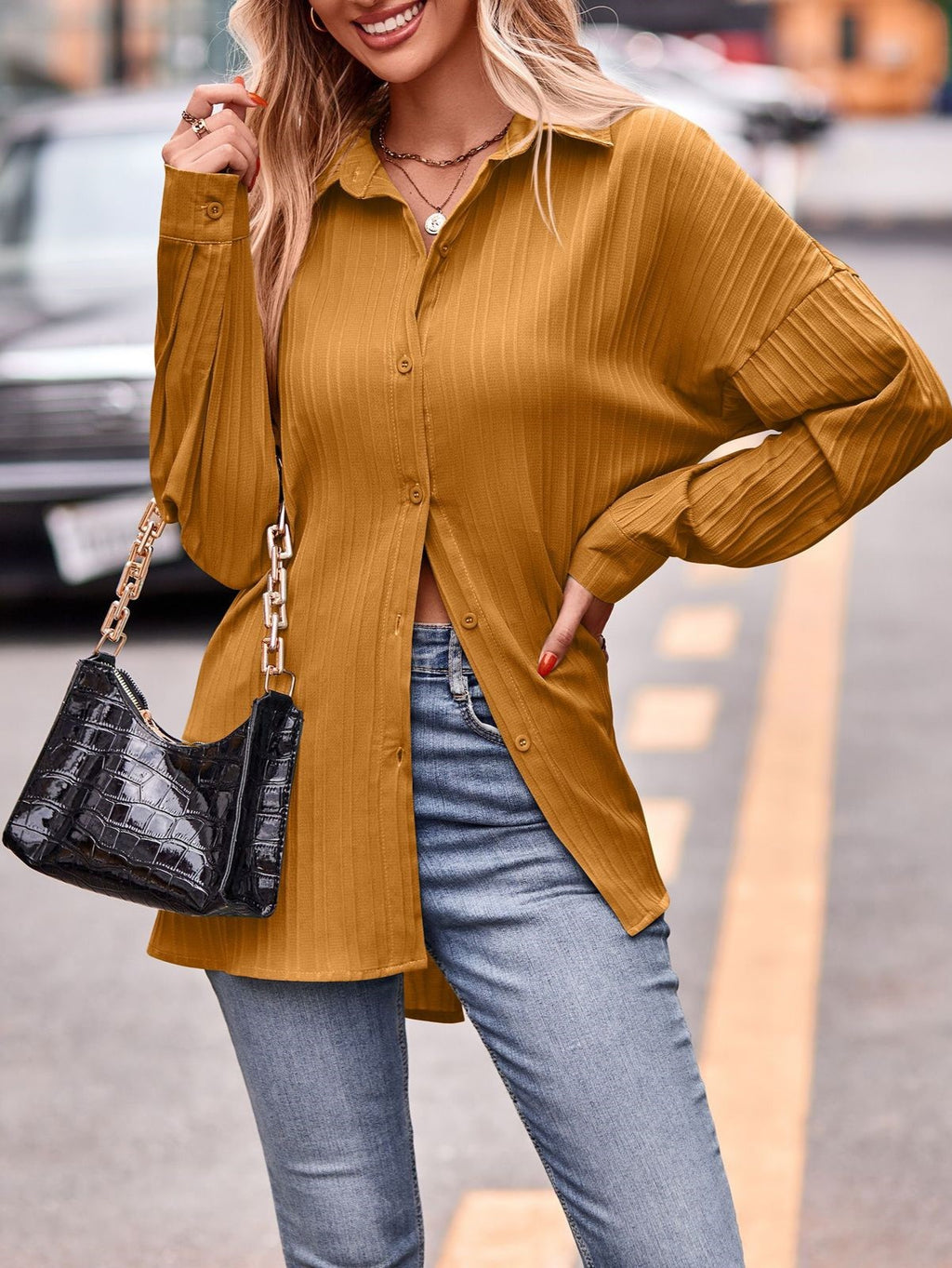 Textured Stripe Oversized Longline Button Shirt - Yellow