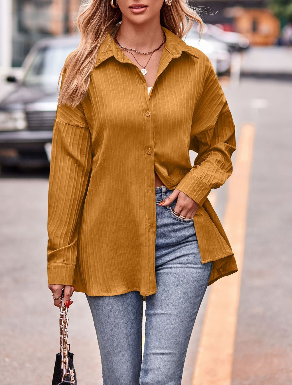 Textured Stripe Oversized Longline Button Shirt - Yellow - 1