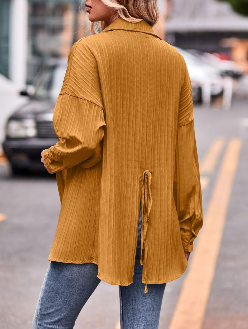 Textured Stripe Oversized Longline Button Shirt - view 1