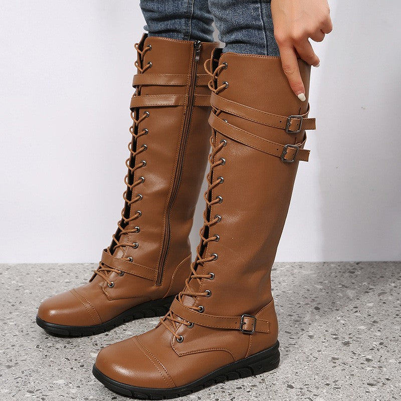 Lace Up Flat Knee High Boots with Buckle Straps - Tan