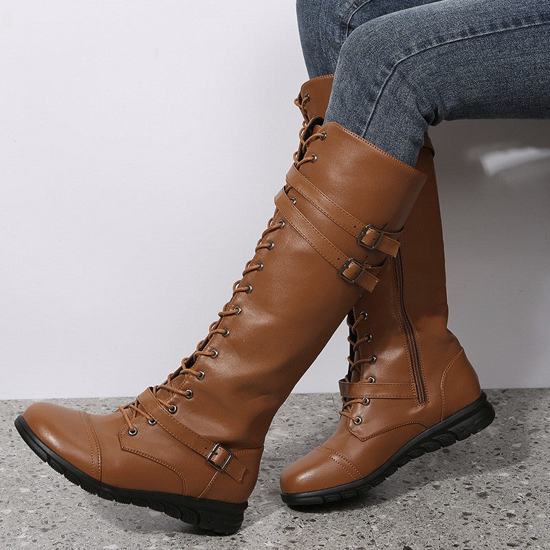 Lace Up Flat Knee High Boots with Buckle Straps