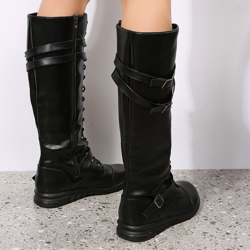 Lace Up Flat Knee High Boots with Buckle Straps