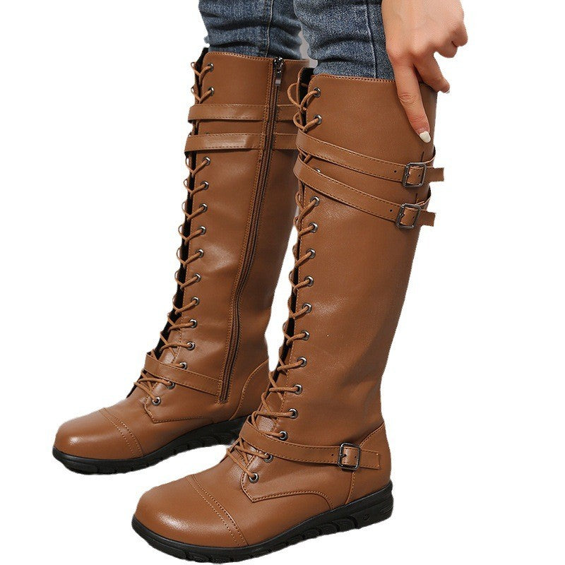 Lace Up Flat Knee High Boots with Buckle Straps