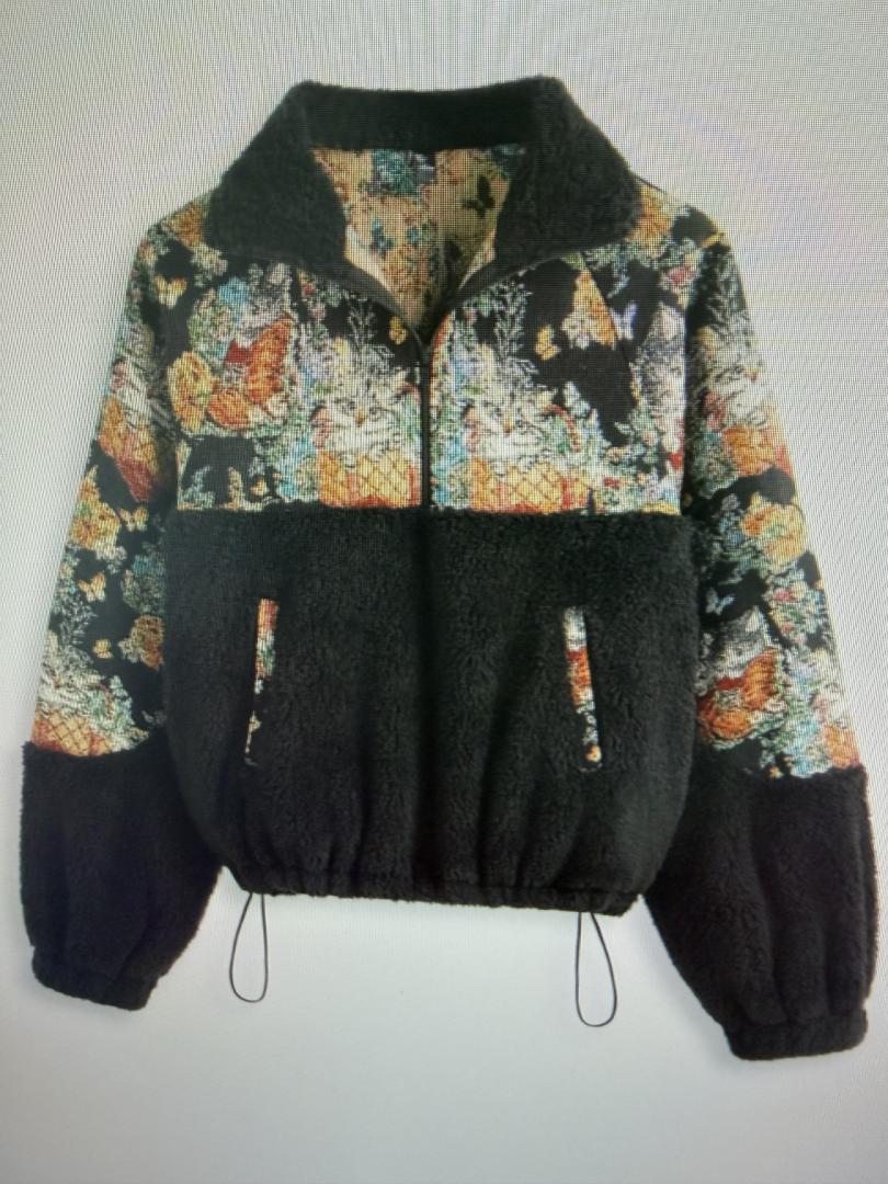 Half Zip Sherpa Pullover with Floral Tapestry Panels - Black