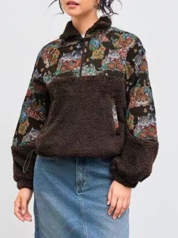 Half Zip Sherpa Pullover with Floral Tapestry Panels - Coffee
