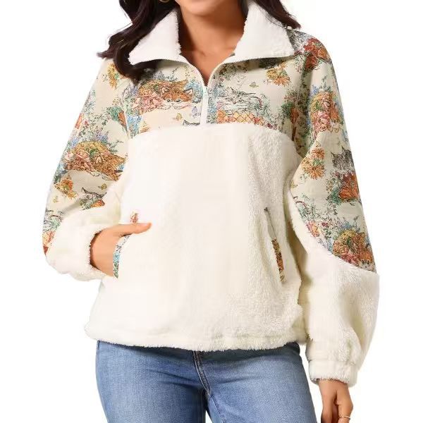 Half Zip Sherpa Pullover with Floral Tapestry Panels - White