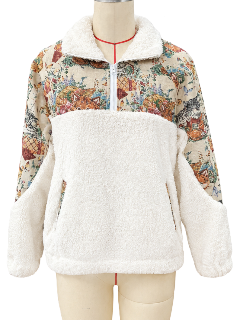 Half Zip Sherpa Pullover with Floral Tapestry Panels - White - 1
