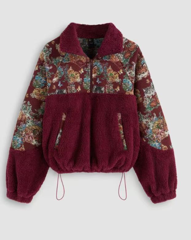 Half Zip Sherpa Pullover with Floral Tapestry Panels - Wine_Red