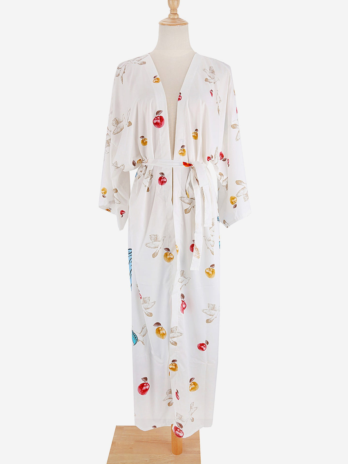 Peacock Print Long Kimono Duster Robe - Blue - 2