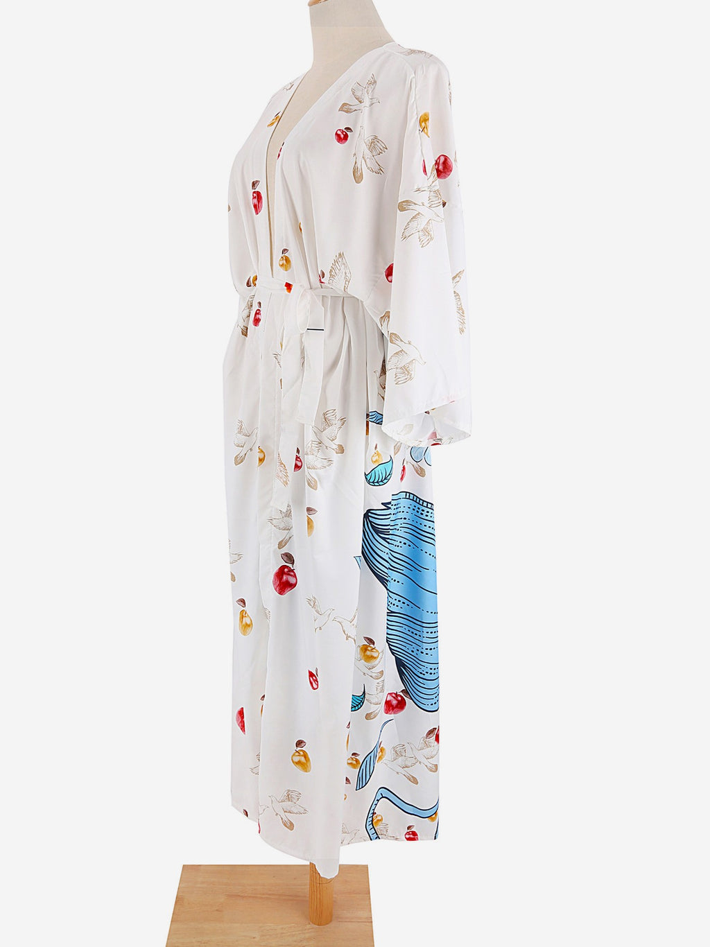 Peacock Print Long Kimono Duster Robe - Blue - 3
