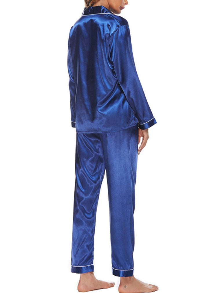 Classic Plain Satin Pajama Set - Blue - 1