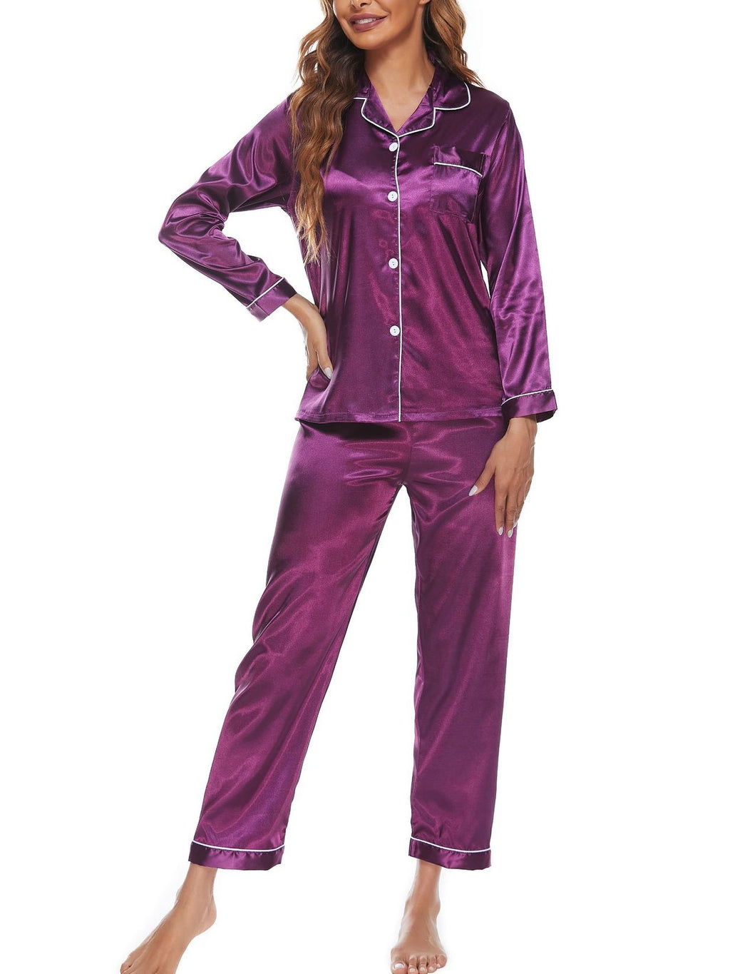 Classic Plain Satin Pajama Set - Purple