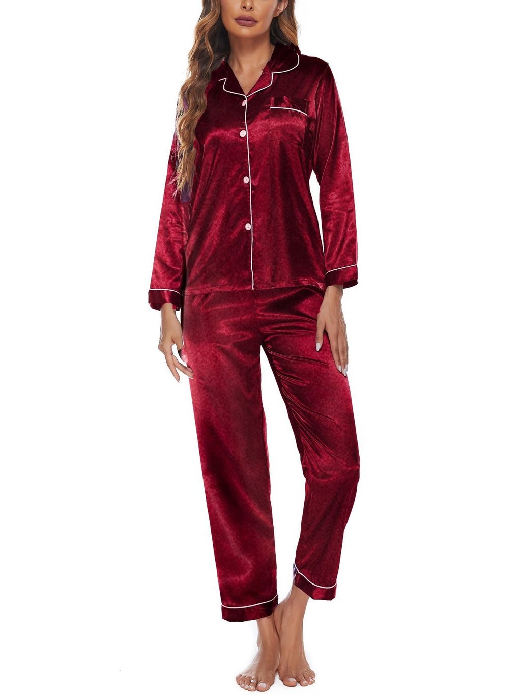 Classic Plain Satin Pajama Set - Red