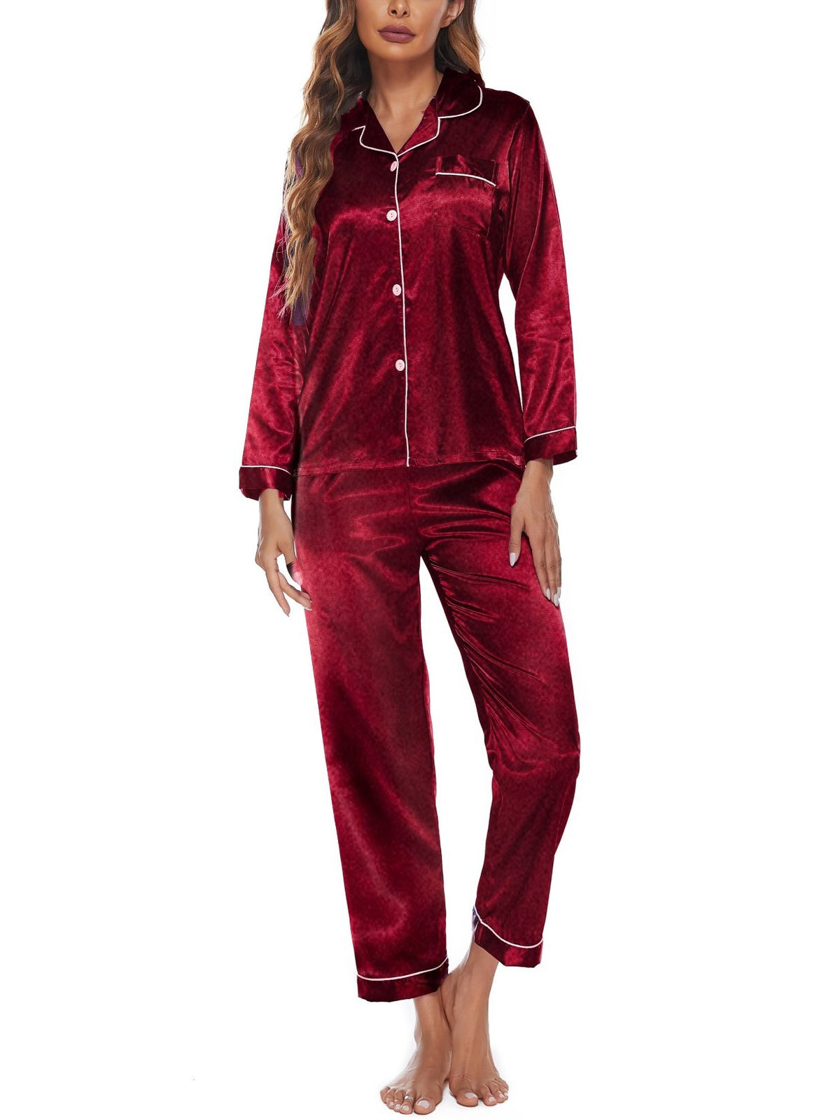 Classic Plain Satin Pajama Set - Red