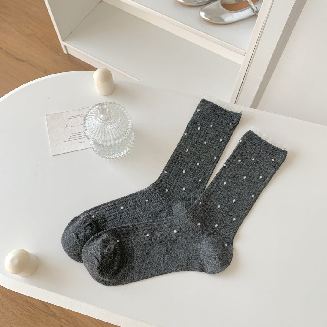 Polka Dot Ribbed Lace Trim Socks - DarkGray