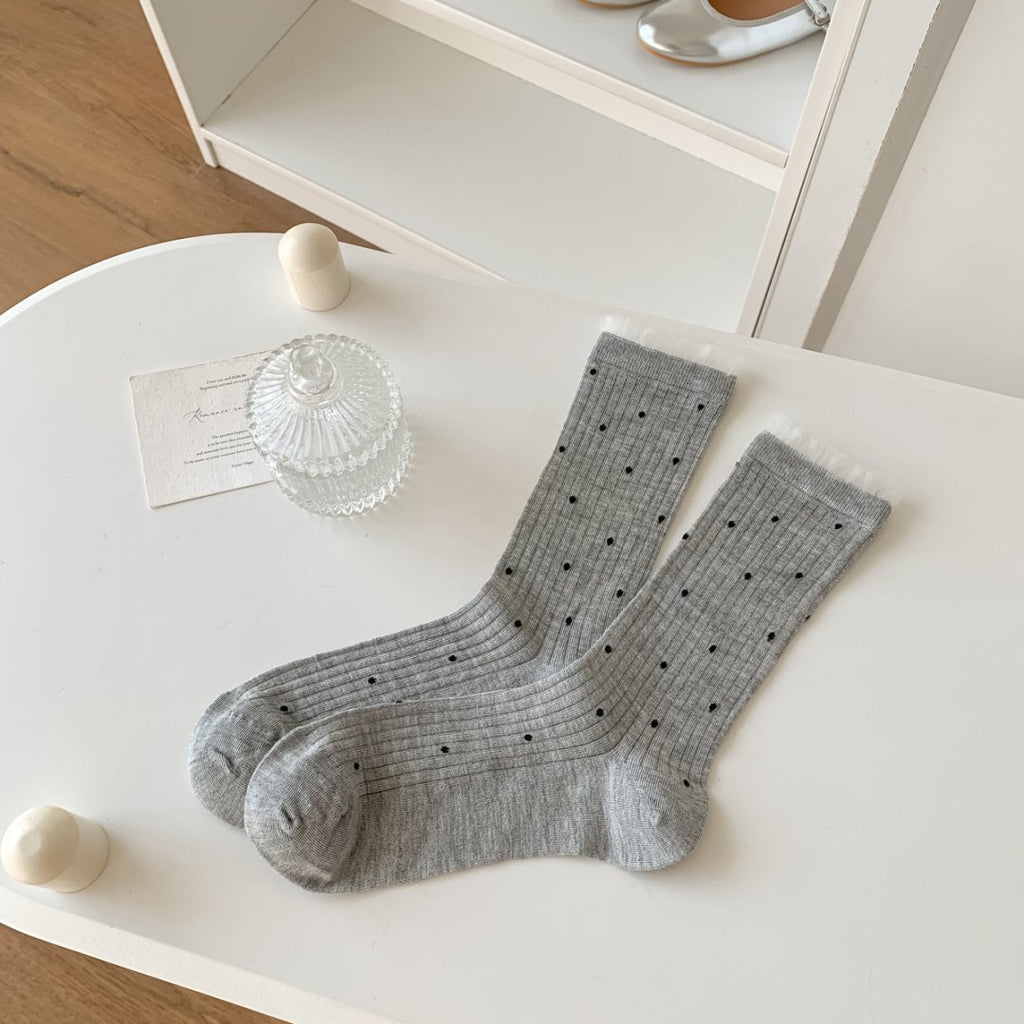 Polka Dot Ribbed Lace Trim Socks - Gray