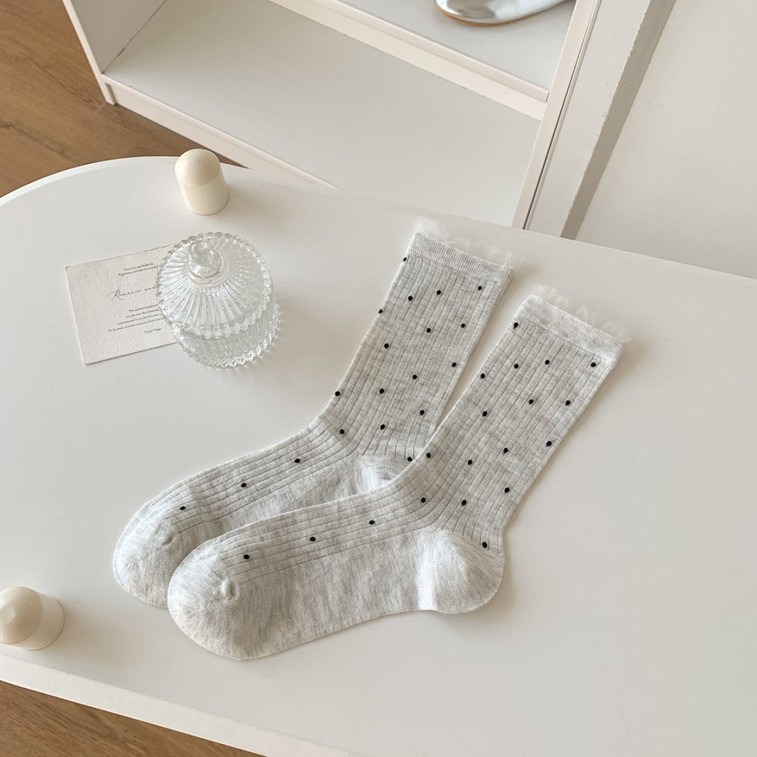 Polka Dot Ribbed Lace Trim Socks - LightGray