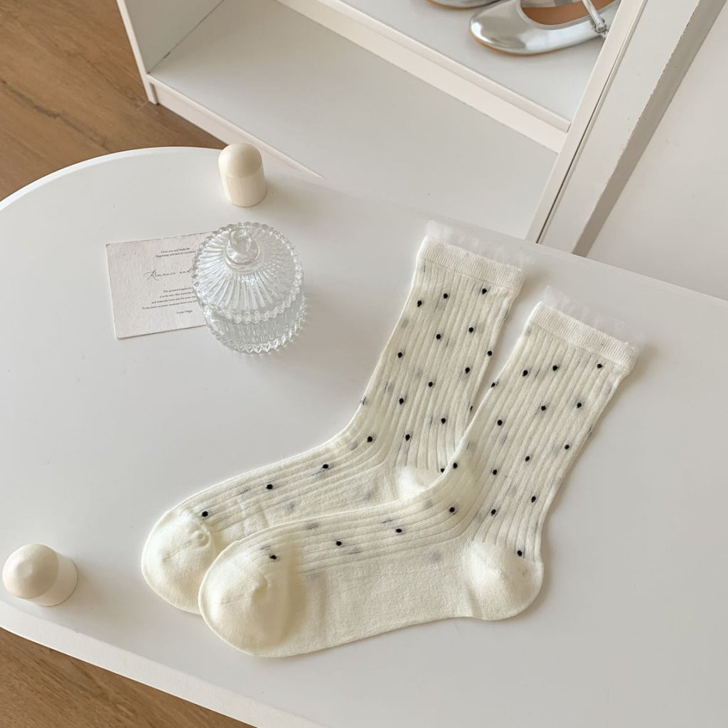 Polka Dot Ribbed Lace Trim Socks - White