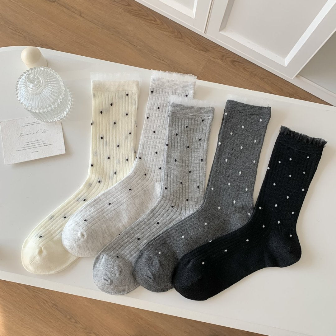 Polka Dot Ribbed Lace Trim Socks