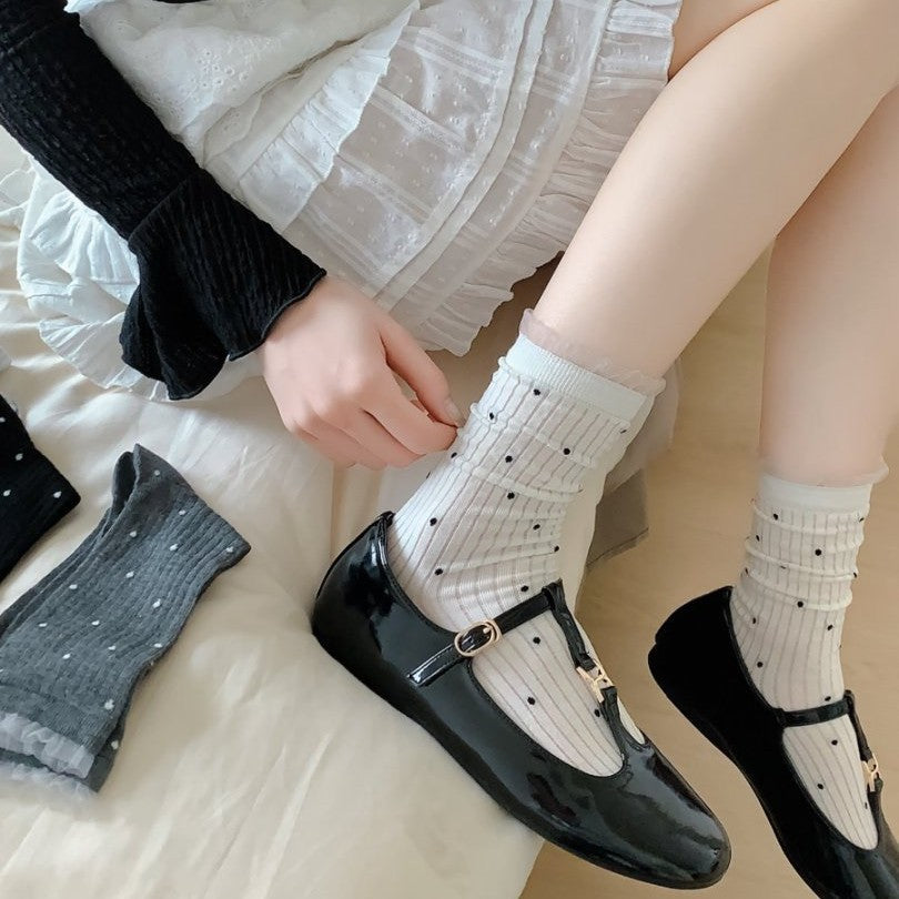 Polka Dot Ribbed Lace Trim Socks - view 1