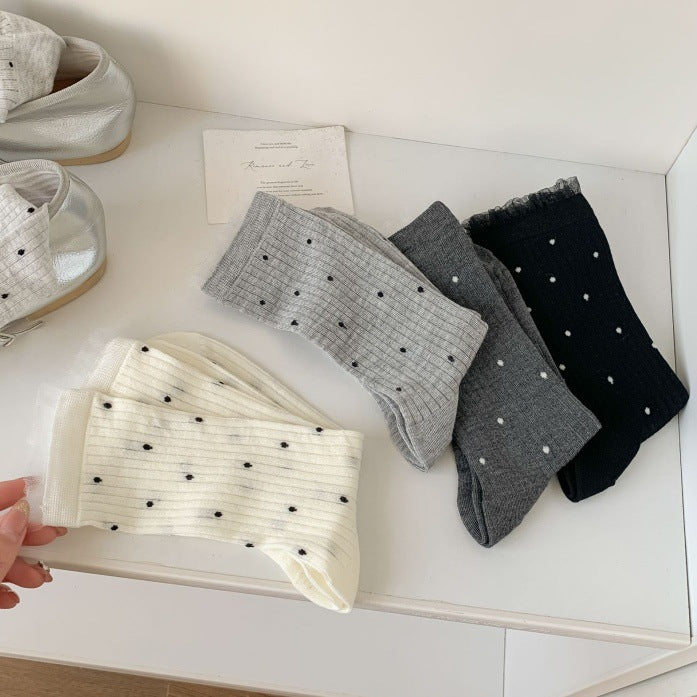 Polka Dot Ribbed Lace Trim Socks - view 2