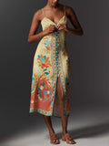 Border Print Button Front Midi Slip Dress - Floral