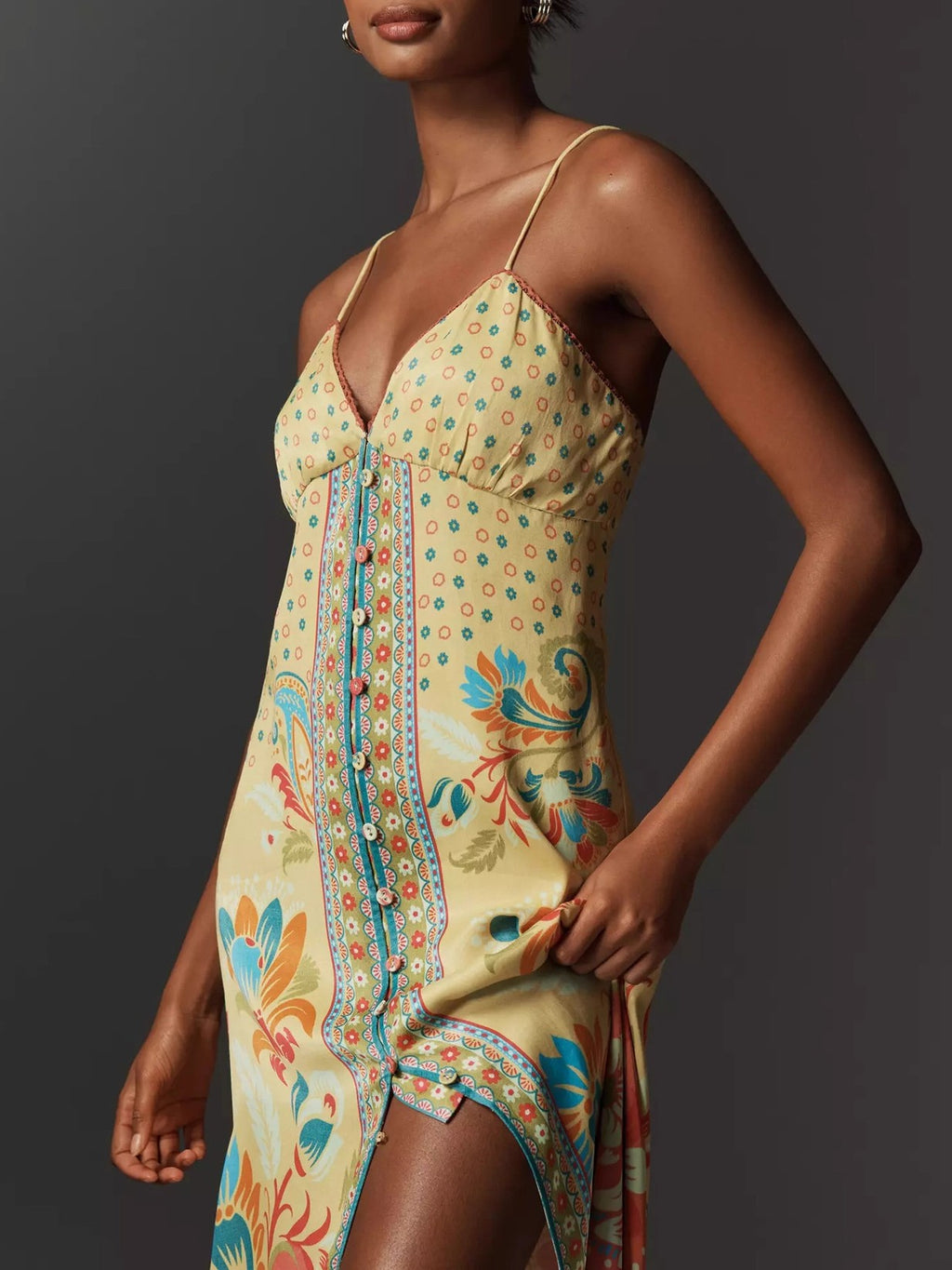 Border Print Button Front Midi Slip Dress - Floral - 1