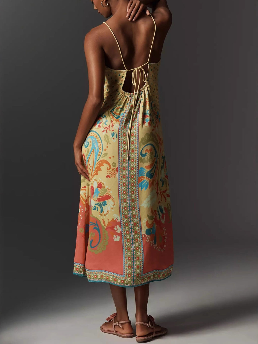 Border Print Button Front Midi Slip Dress - Floral - 2