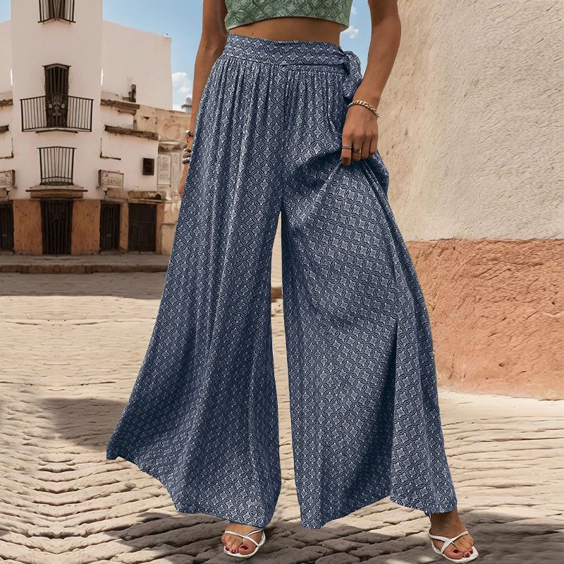 Geo Print Tie Waist Wide Leg Palazzo Pants - Dark blue