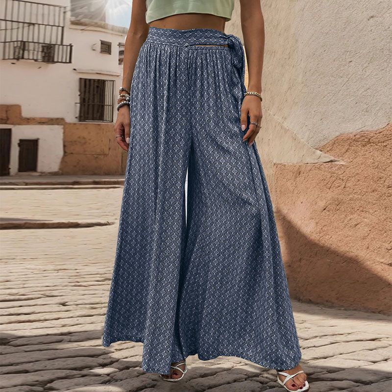 Geo Print Tie Waist Wide Leg Palazzo Pants - Dark blue - 1