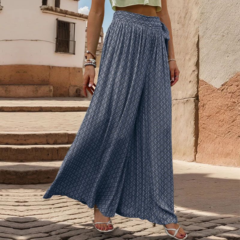 Geo Print Tie Waist Wide Leg Palazzo Pants - Dark blue - 2